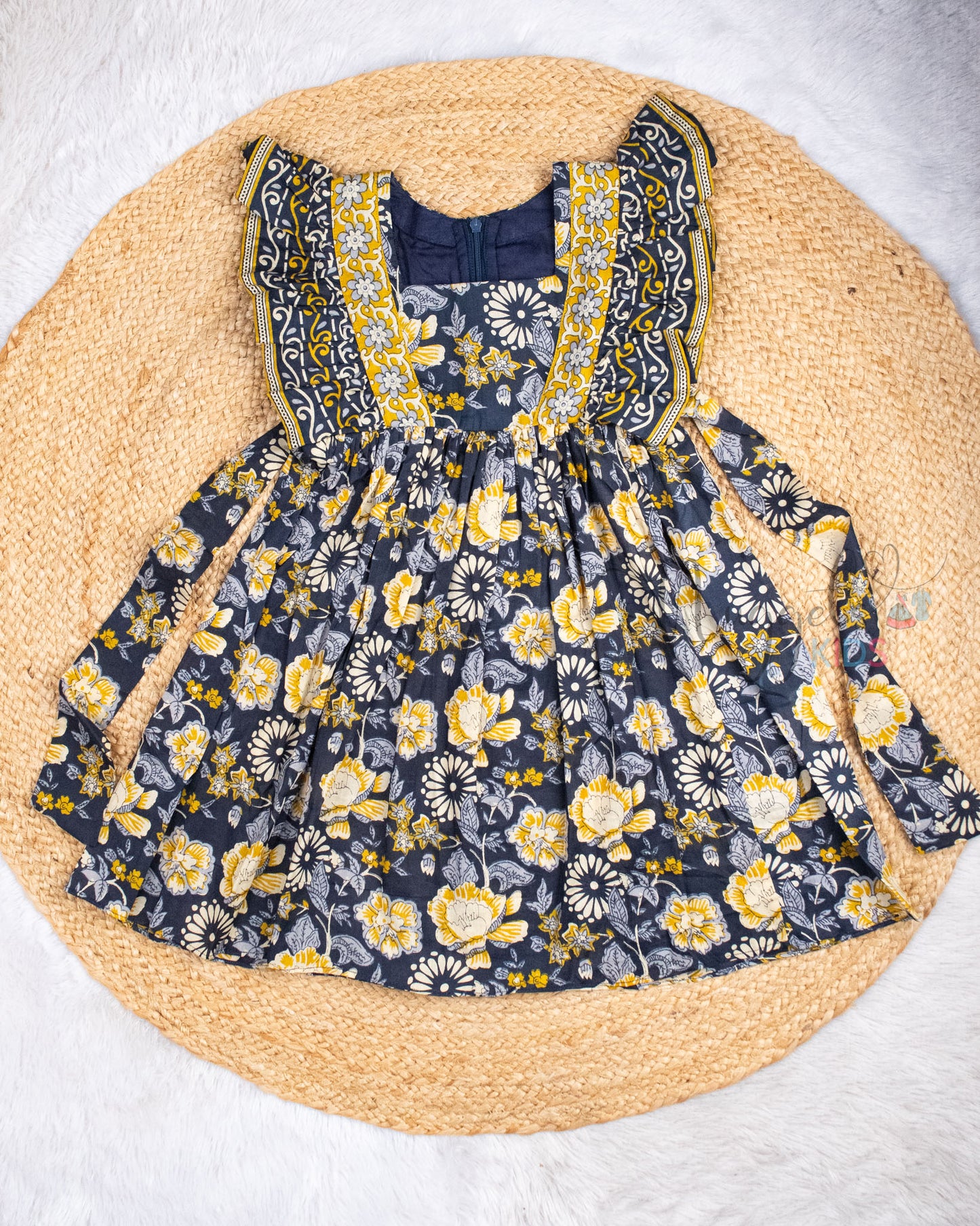 Ready to Ship: Ink Blue Cotton Frock With Ruffle Winged Yoke and Back Tie
