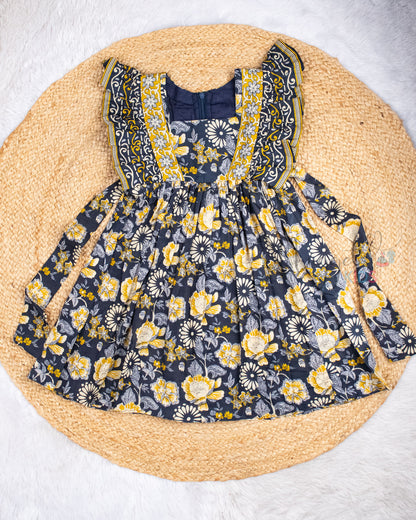 Ready to Ship: Ink Blue Cotton Frock With Ruffle Winged Yoke and Back Tie