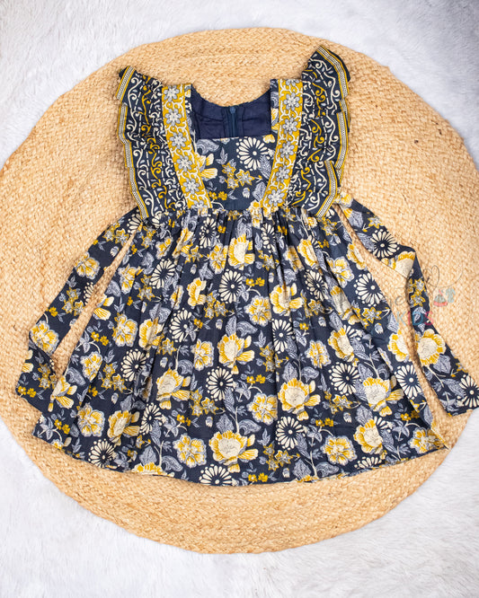 Ready to Ship: Ink Blue Cotton Frock With Ruffle Winged Yoke and Back Tie