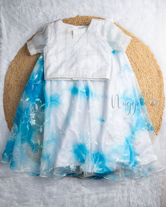 Pre Order: White Embroidered Top And Organza Lehenga