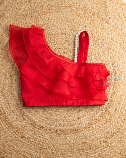 Pre Order: One Shoulder Red Organza Top and Lehenga