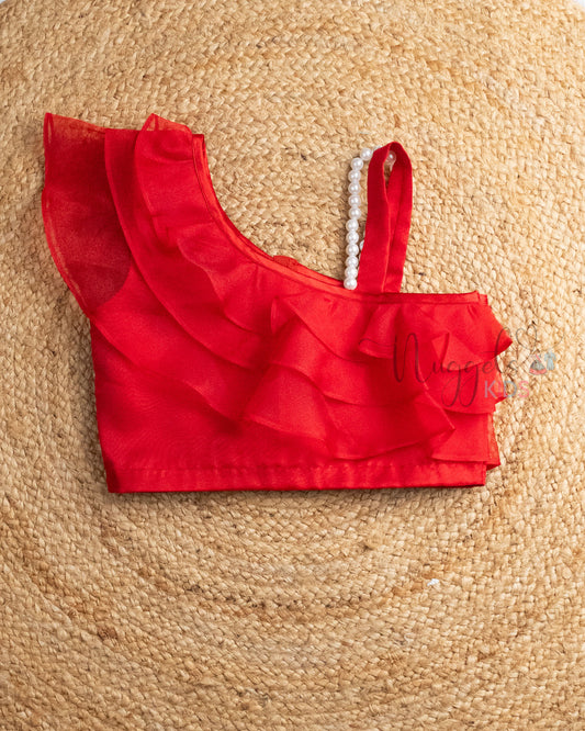 Pre Order: One Shoulder Red Organza Top and Lehenga