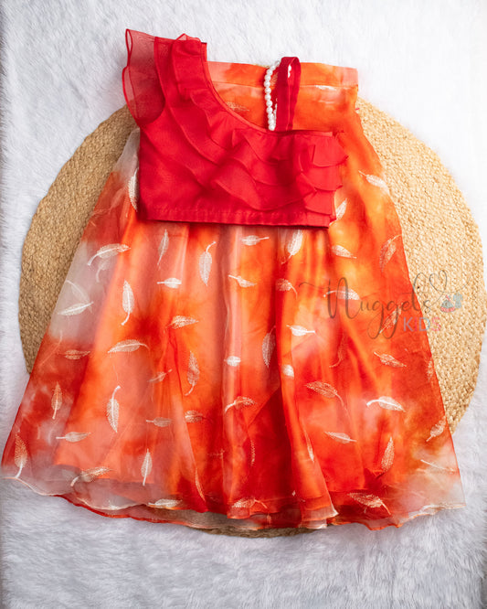 Pre Order: One Shoulder Red Organza Top and Lehenga