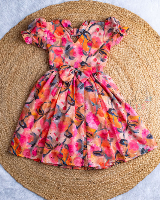 Ready to Ship: Orange Hakoba Frock with Puff sleeves, bow detailing and designer tie style back