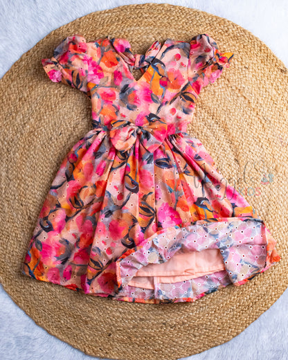 Ready to Ship: Orange Hakoba Frock with Puff sleeves, bow detailing and designer tie style back