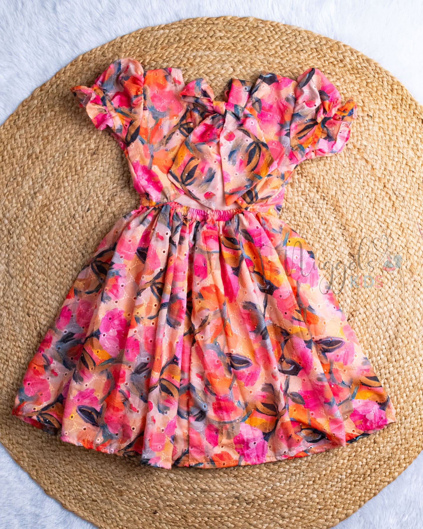 Ready to Ship: Orange Hakoba Frock with Puff sleeves, bow detailing and designer tie style back