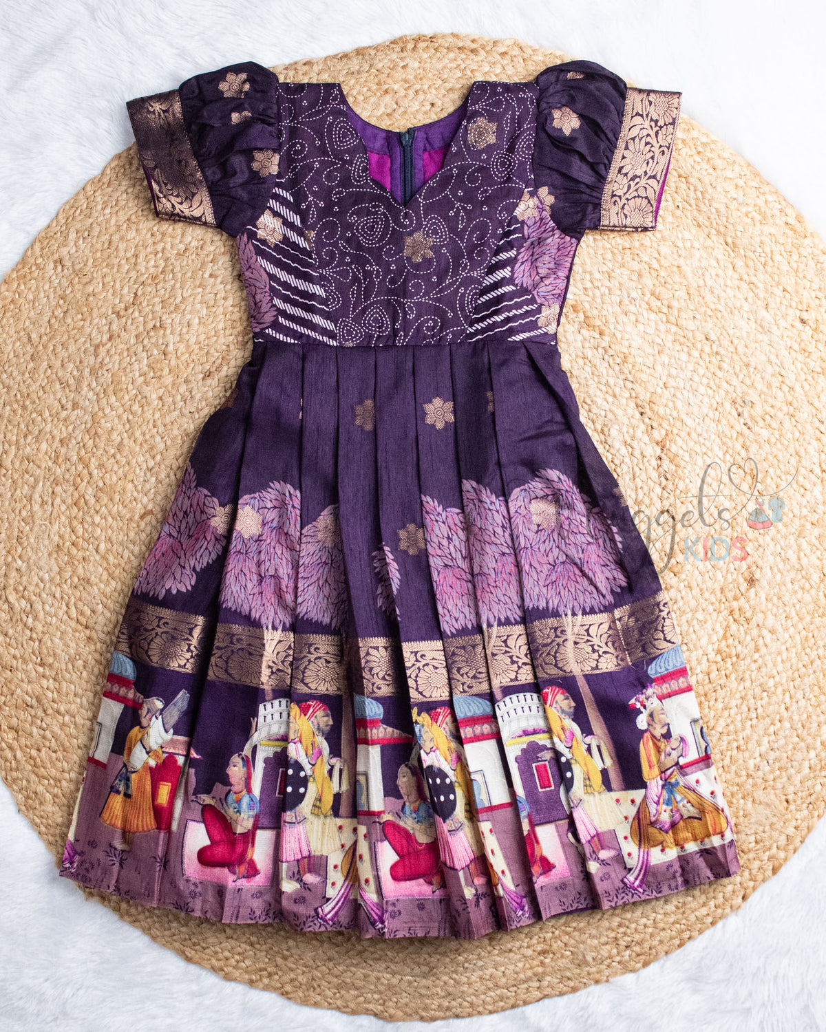 Ready to Ship: Mughal Art Printed Deep Purple Semi Silk Gown