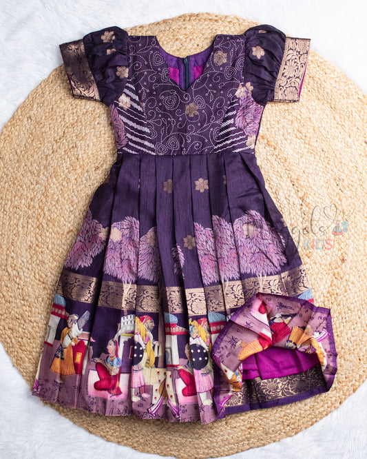 Ready to Ship: Mughal Art Printed Deep Purple Semi Silk Gown
