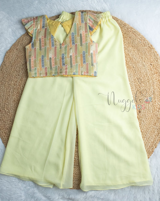 Pre Order: Melon Yellow Embroidered Top And Georgette Palazzo Pant