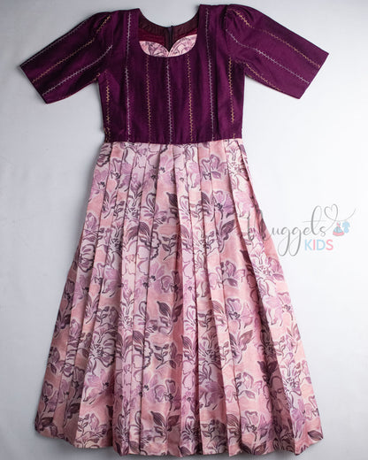 Ready to Ship: Wine Raw Silk And Peach Floral Semi Silk Gown