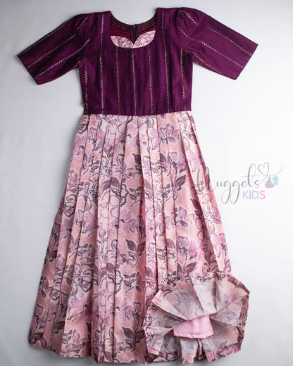Ready to Ship: Wine Raw Silk And Peach Floral Semi Silk Gown
