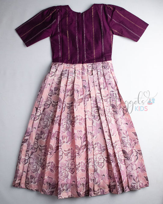 Ready to Ship: Wine Raw Silk And Peach Floral Semi Silk Gown