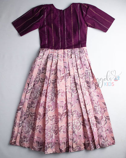 Ready to Ship: Wine Raw Silk And Peach Floral Semi Silk Gown