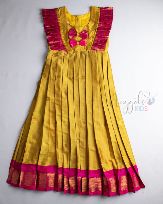 Ready to Ship: Mustard And Pink Kalyani Silk Winged Gown With Bow Detailing