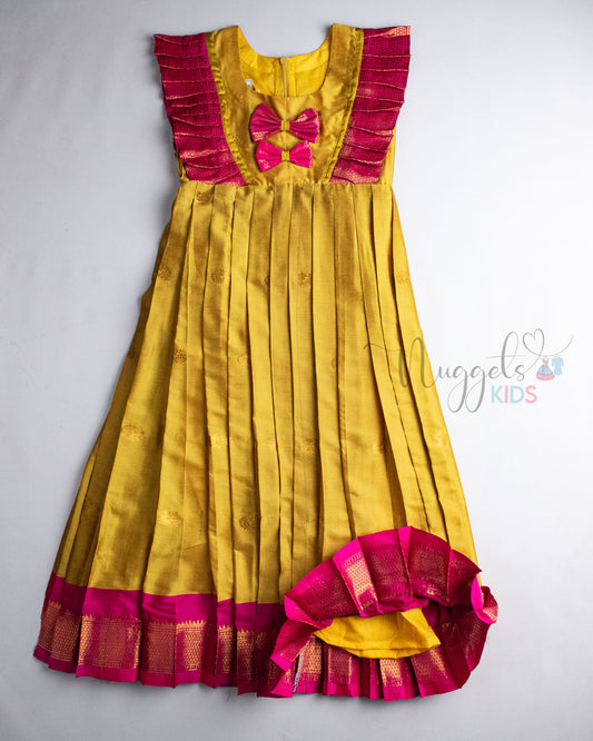 Ready to Ship: Mustard And Pink Kalyani Silk Winged Gown With Bow Detailing