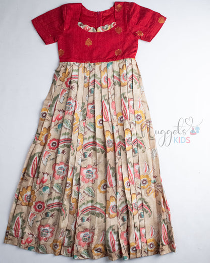 Ready to Ship: Raw Silk Red and Beige Floral Semi Silk Gown