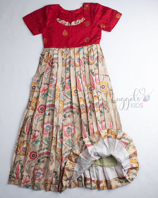 Ready to Ship: Raw Silk Red and Beige Floral Semi Silk Gown