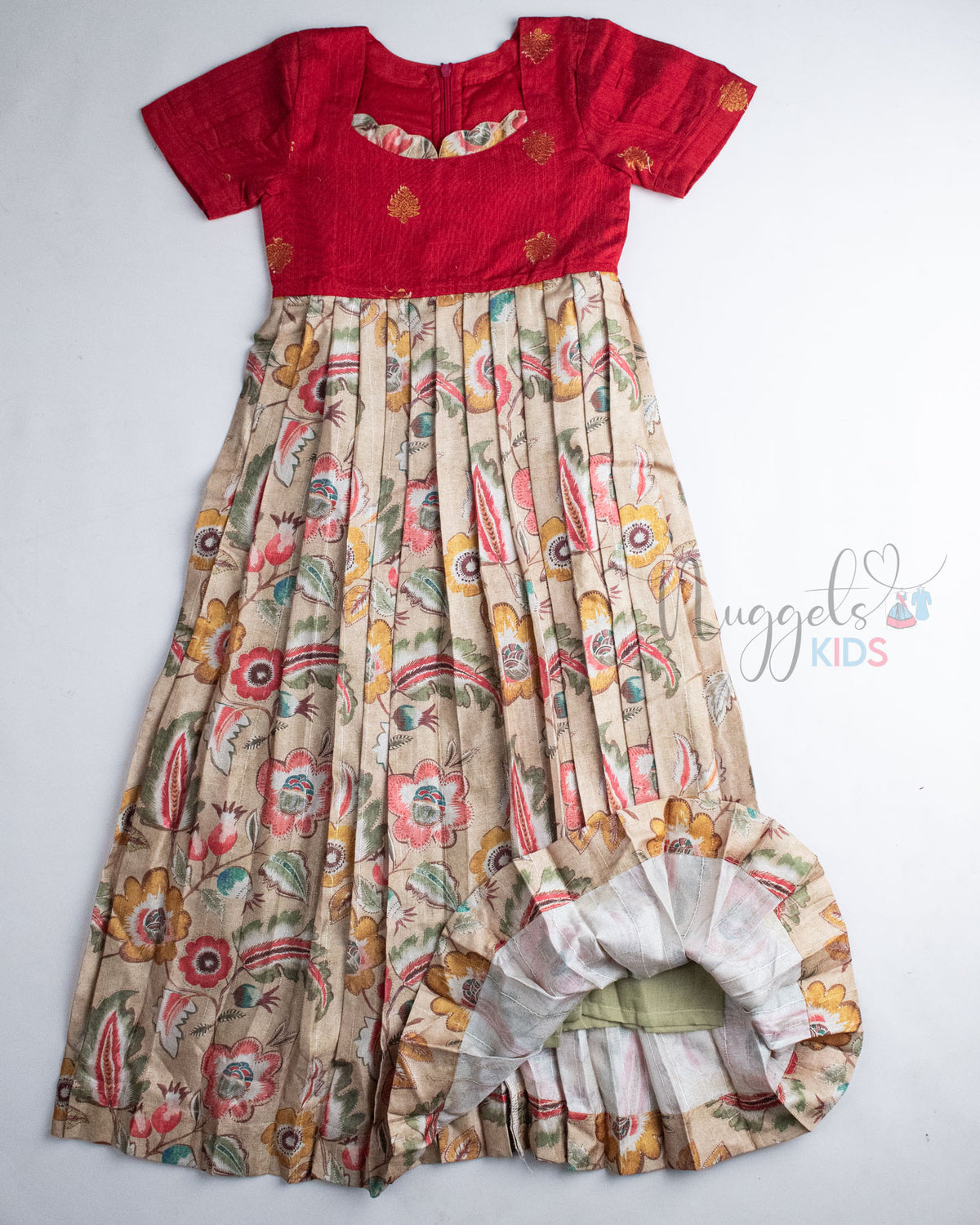 Ready to Ship: Raw Silk Red and Beige Floral Semi Silk Gown