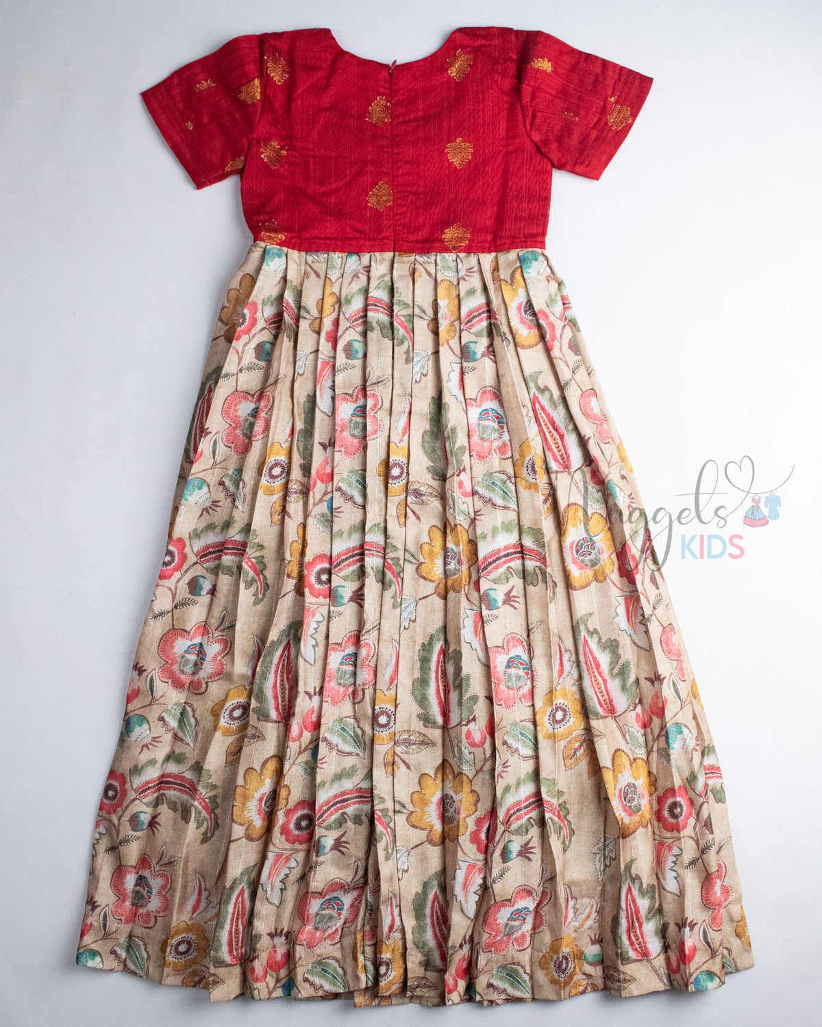 Ready to Ship: Raw Silk Red and Beige Floral Semi Silk Gown