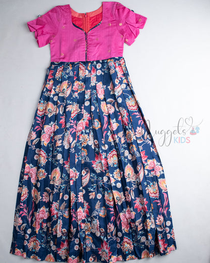 Ready to Ship : Pink And Navy Blue Floral Semi Silk Gown
