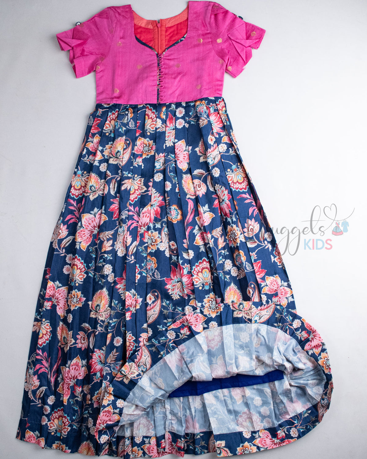 Ready to Ship : Pink And Navy Blue Floral Semi Silk Gown