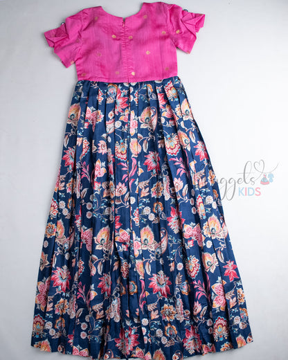 Ready to Ship : Pink And Navy Blue Floral Semi Silk Gown