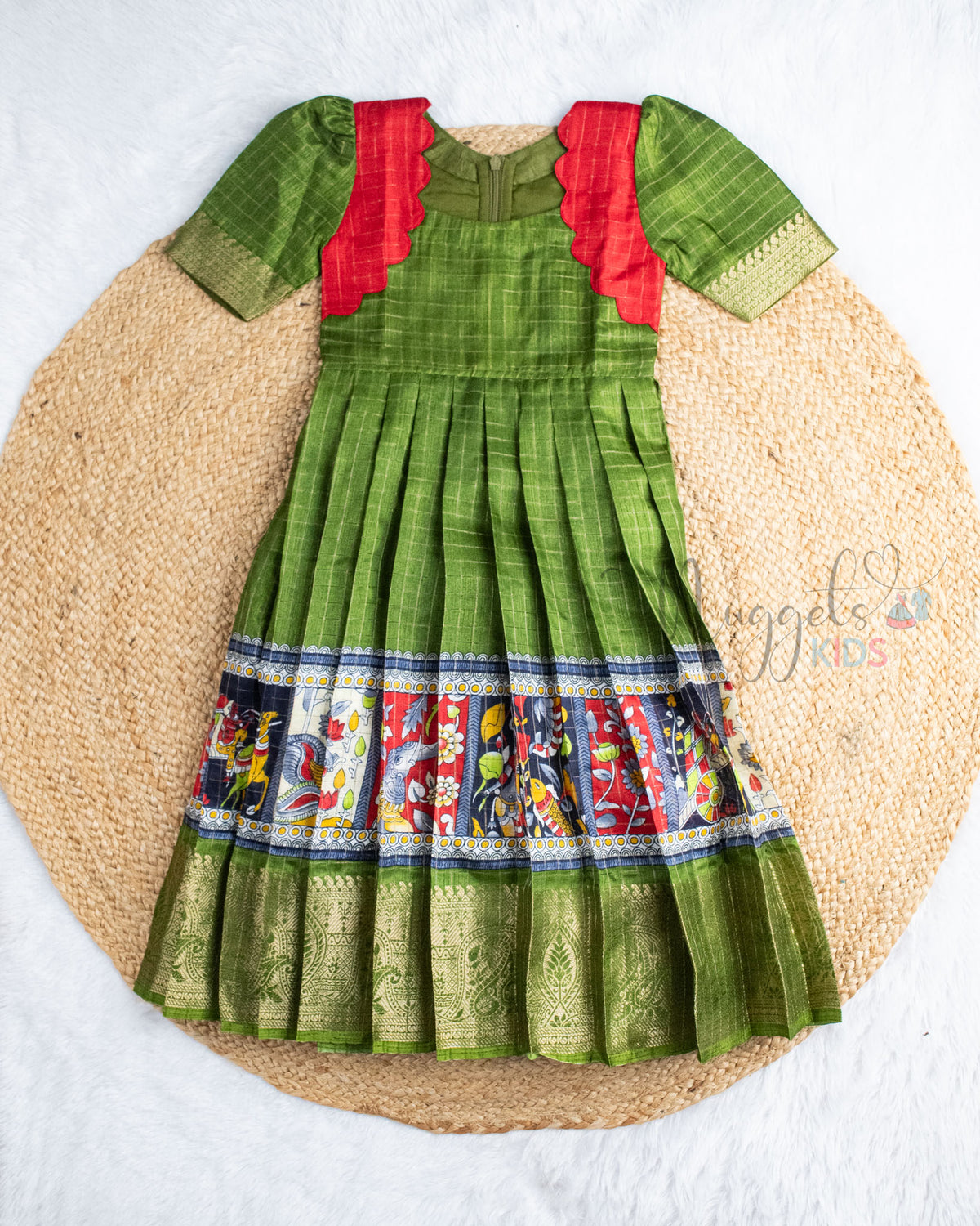 Ready to Ship: Green Kalamkari Printed Semi Silk Gown