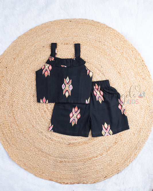 Ready to Ship: Black Cotton Sleeveless Shorts Set With Frill Detailing