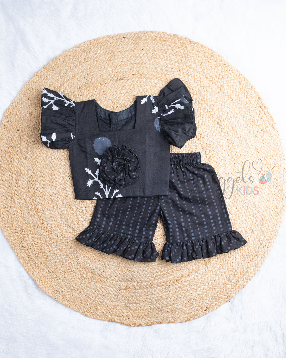 Ready to Ship: Black and White Cotton Shorts Set with Ruffle Sleeves Comfy Fit Shorts