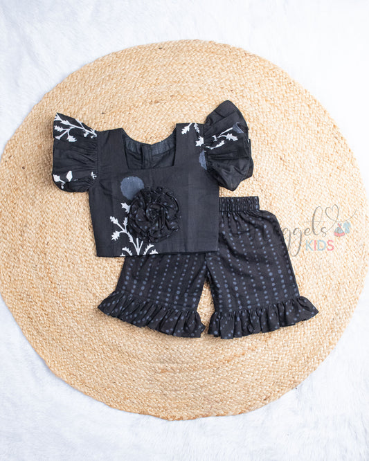 Ready to Ship: Black and White Cotton Shorts Set with Ruffle Sleeves Comfy Fit Shorts