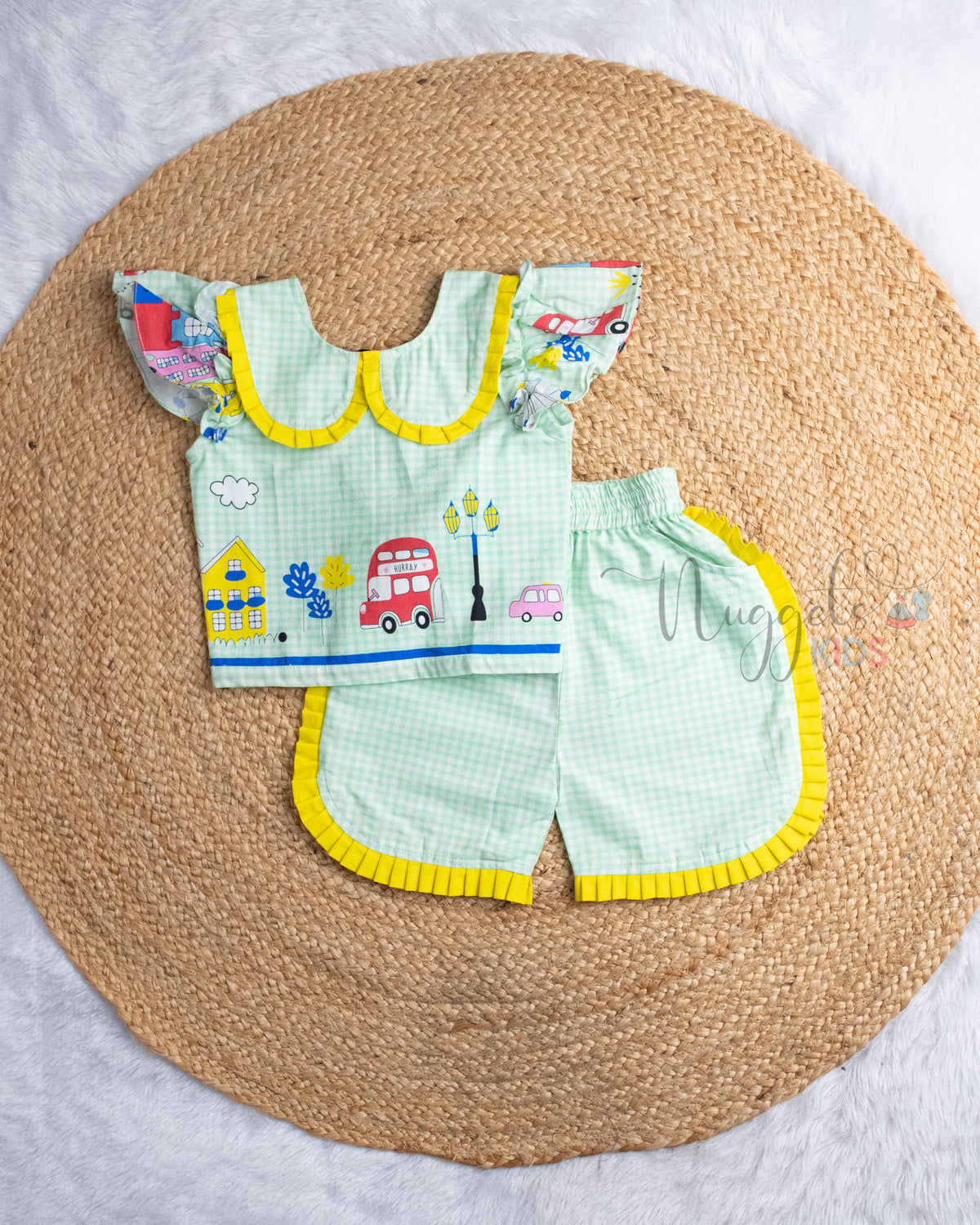 Ready to Ship: Green Poplin Cotton Shorts Set With Ruffle Sleeves