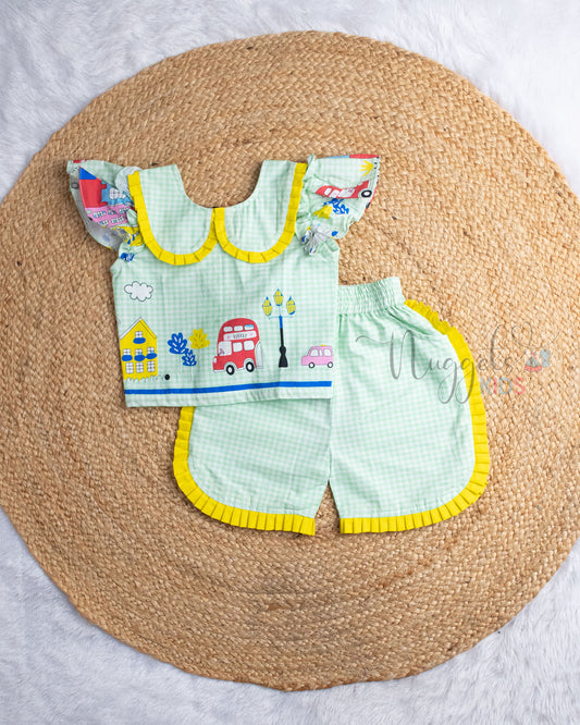 Ready to Ship: Green Poplin Cotton Shorts Set With Ruffle Sleeves