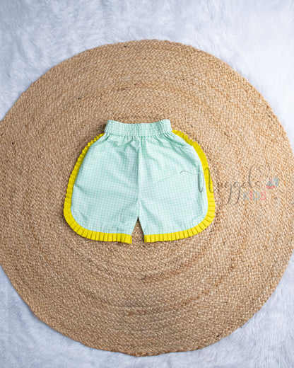 Ready to Ship: Green Poplin Cotton Shorts Set With Ruffle Sleeves