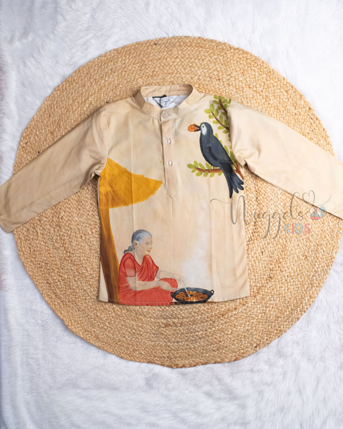 Ready to Ship: Grandma, Crow and Vada Story Giza Cotton Short Kurta