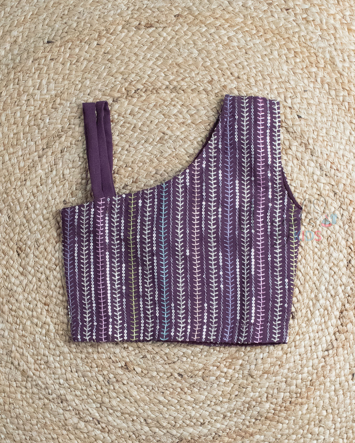 Ready to Ship: Wine One Shoulder Embroidered Georgette Crop Top