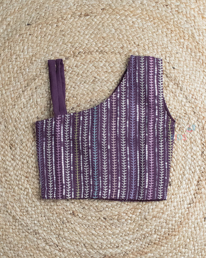 Ready to Ship: Wine One Shoulder Embroidered Georgette Crop Top