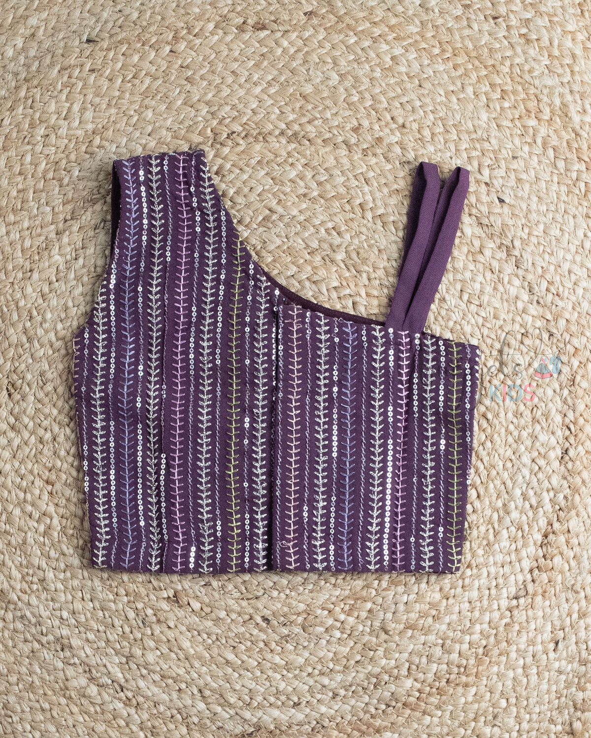 Ready to Ship: Wine One Shoulder Embroidered Georgette Crop Top