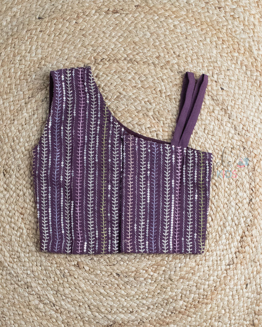 Ready to Ship: Wine One Shoulder Embroidered Georgette Crop Top