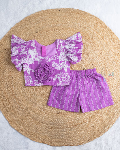 Ready to Ship: Purple and White Cambric Cotton Shorts Set
