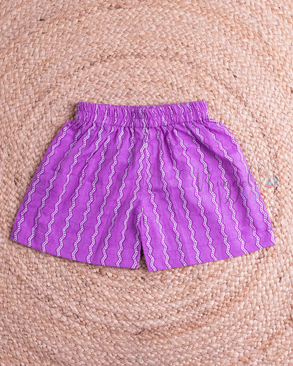 Ready to Ship: Purple and White Cambric Cotton Shorts Set