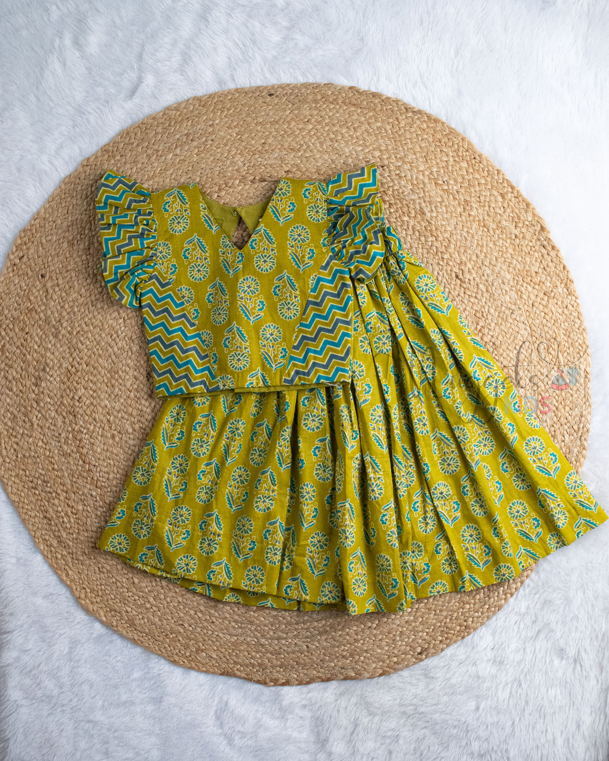 Ready to Ship: Green And Blue Cotton Top and Skirt Set