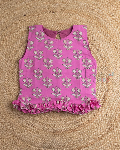 Ready to Ship: Pink Block Printed Skorts Set with Ruffle Detailing