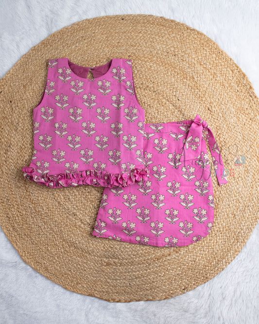 Ready to Ship: Pink Block Printed Skorts Set with Ruffle Detailing