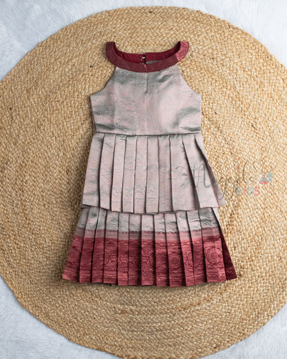 Ready to Ship: Copper And Maroon Semi Silk Double layer Halter Neck Pattu Frock