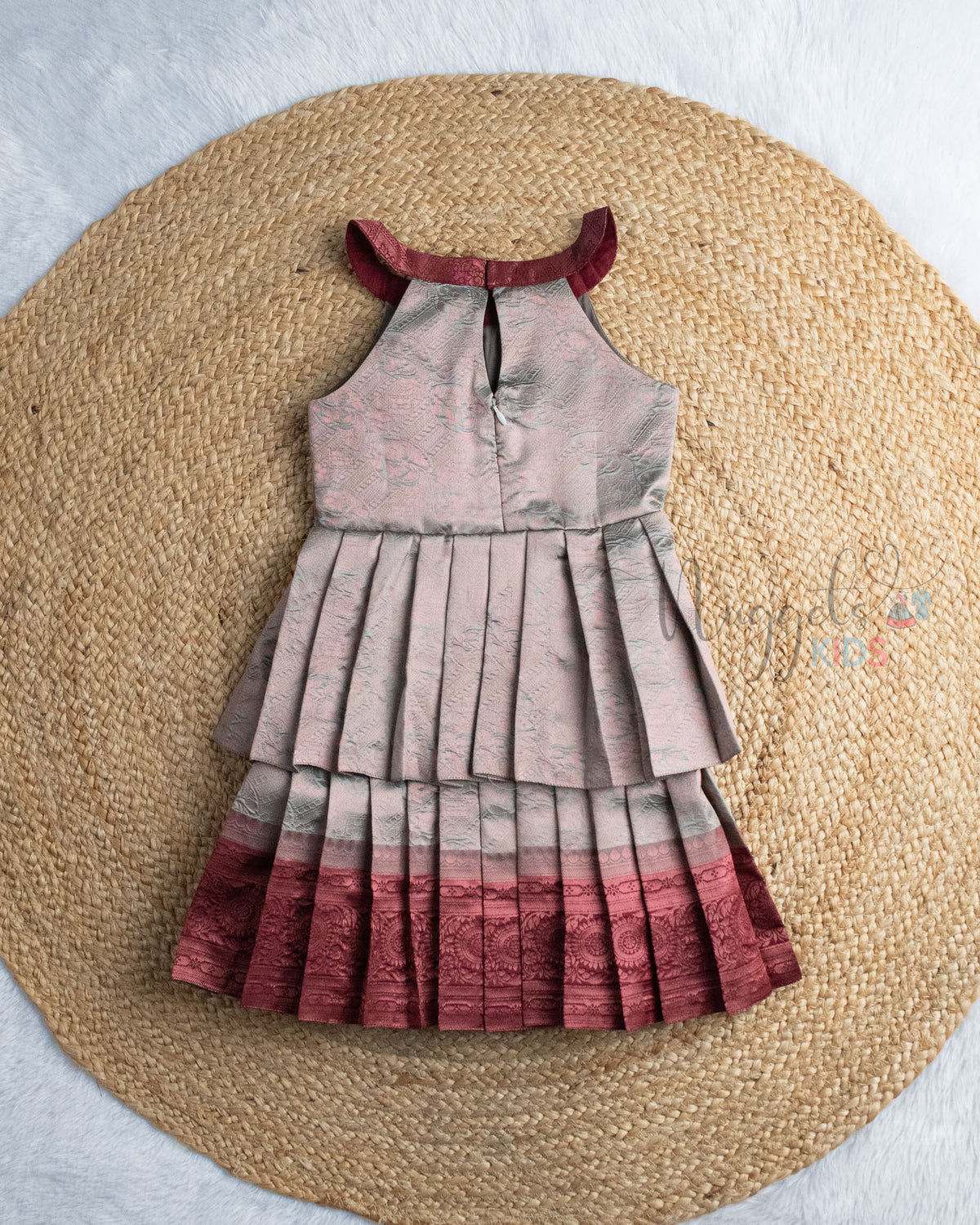 Ready to Ship: Copper And Maroon Semi Silk Double layer Halter Neck Pattu Frock