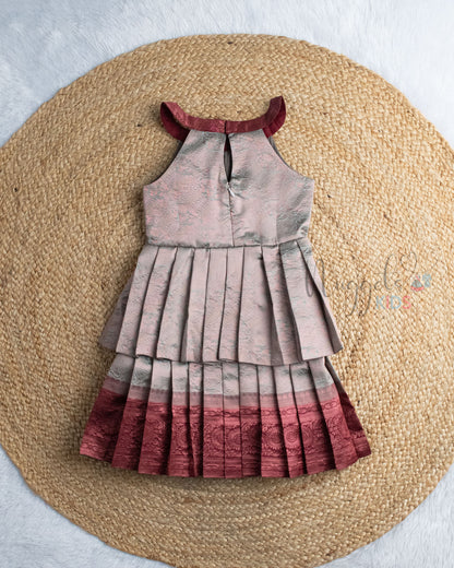 Ready to Ship: Copper And Maroon Semi Silk Double layer Halter Neck Pattu Frock