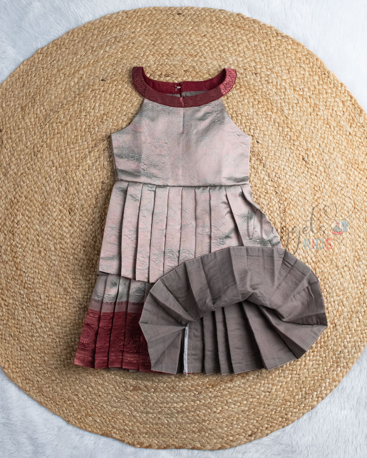 Ready to Ship: Copper And Maroon Semi Silk Double layer Halter Neck Pattu Frock