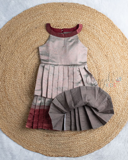 Ready to Ship: Copper And Maroon Semi Silk Double layer Halter Neck Pattu Frock
