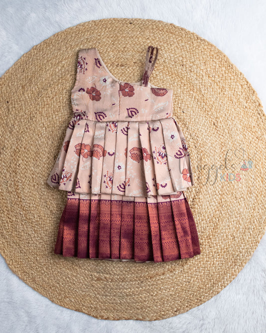 Ready to Ship: Copper Grey and Wine Kanchi Meenakari Semi Silk Two Layer Frock
