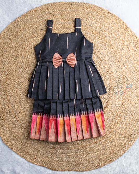 Ready to Ship: Black Double layer Semi Silk Sleeveless Frock with Bow Detailing